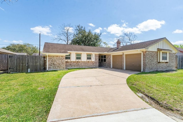 ranch-style home with a front lawn, an attached garage, brick siding, and concrete driveway