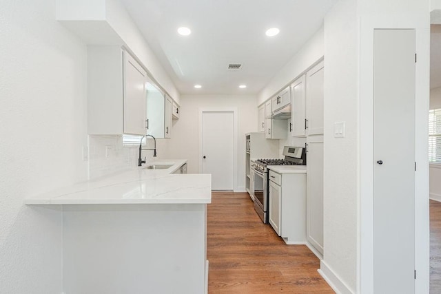 kitchen with visible vents, a sink, under cabinet range hood, wood finished floors, and gas range