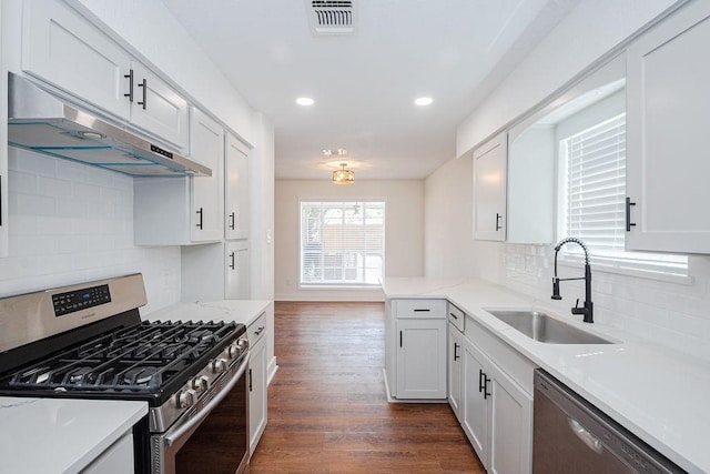 kitchen featuring dark wood-style floors, visible vents, a sink, stainless steel appliances, and under cabinet range hood