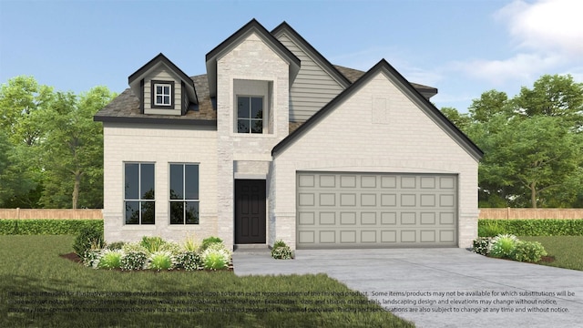 view of front of house with brick siding, driveway, a front lawn, and fence