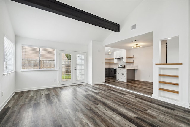 2003 Long Barrel Ln, Missouri City, TX 77489 - unfurnished living room featuring beamed ceiling, baseboards, visible vents, and dark wood-style flooring