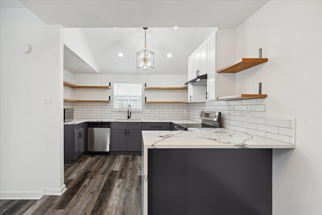 2003 Long Barrel Ln, Missouri City, TX 77489 - kitchen featuring open shelves, appliances with stainless steel finishes, gray cabinetry, and a sink