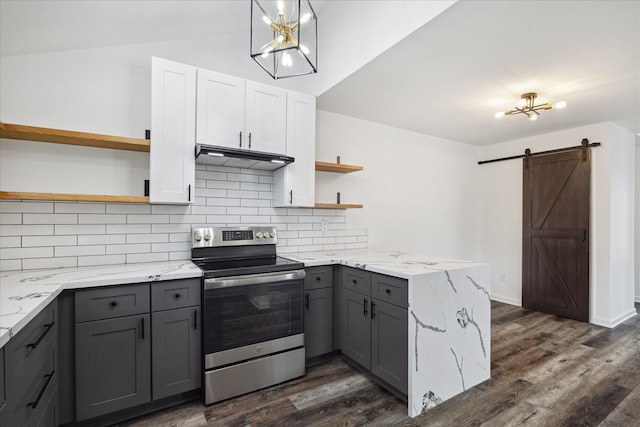 2003 Long Barrel Ln, Missouri City, TX 77489 - kitchen with open shelves, stainless steel electric range, and gray cabinets
