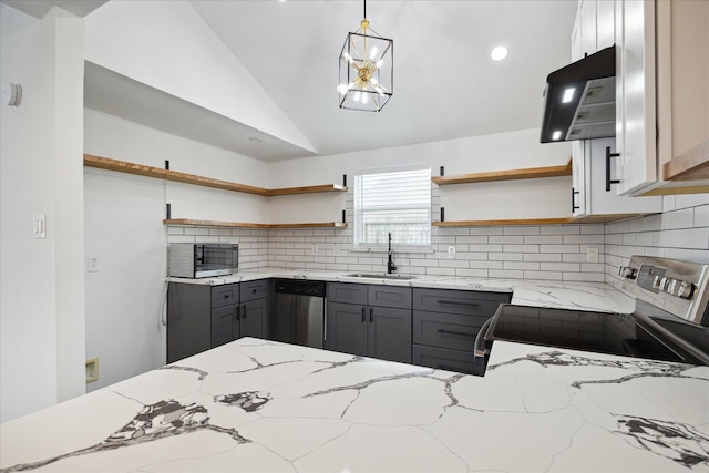 2003 Long Barrel Ln, Missouri City, TX 77489 - kitchen with gray cabinets, open shelves, light stone counters, a sink, and stainless steel appliances
