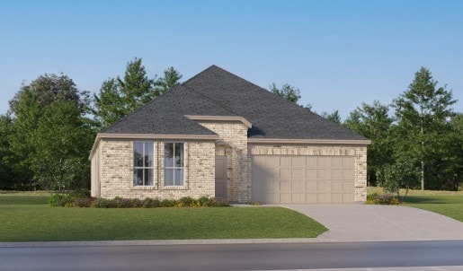 ranch-style house with concrete driveway, a front lawn, and a garage