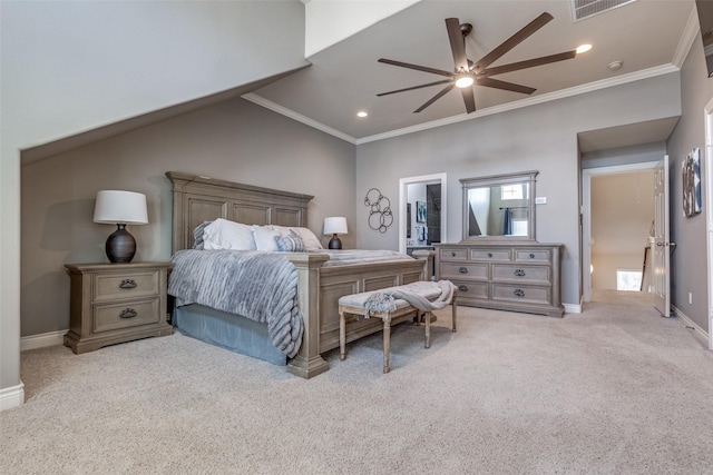 carpeted bedroom featuring crown molding, visible vents, and baseboards