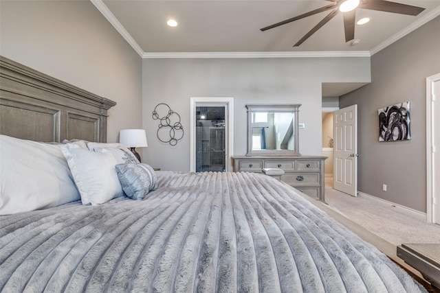 bedroom featuring light carpet, ornamental molding, recessed lighting, connected bathroom, and baseboards