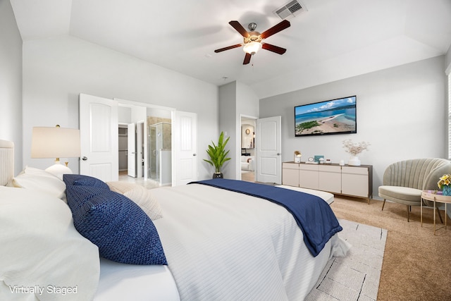 bedroom featuring visible vents, light colored carpet, a ceiling fan, and vaulted ceiling