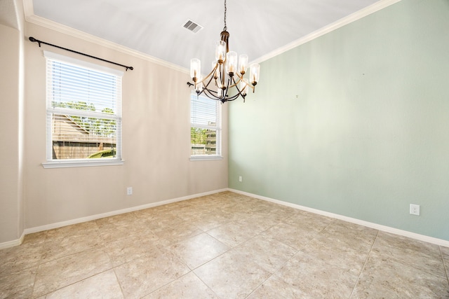 spare room with an inviting chandelier, baseboards, visible vents, and ornamental molding