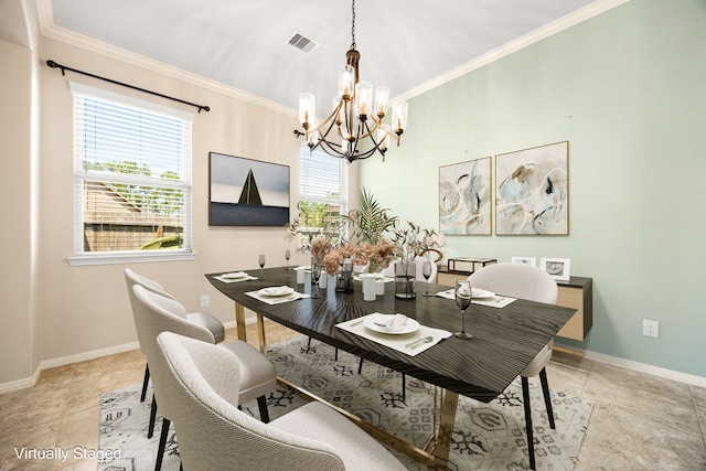 dining area with an inviting chandelier, plenty of natural light, crown molding, and visible vents