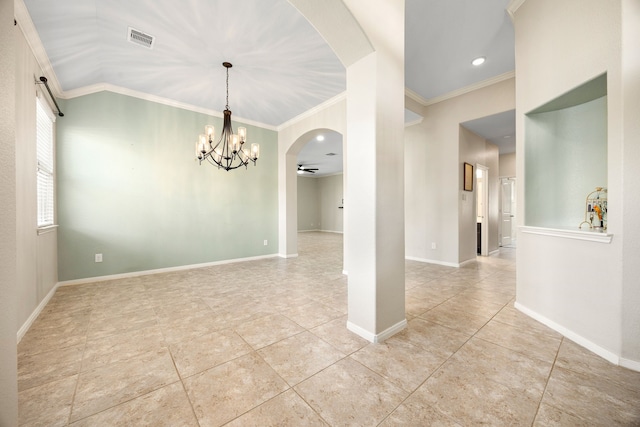 unfurnished room with visible vents, ornamental molding, ceiling fan with notable chandelier, arched walkways, and baseboards