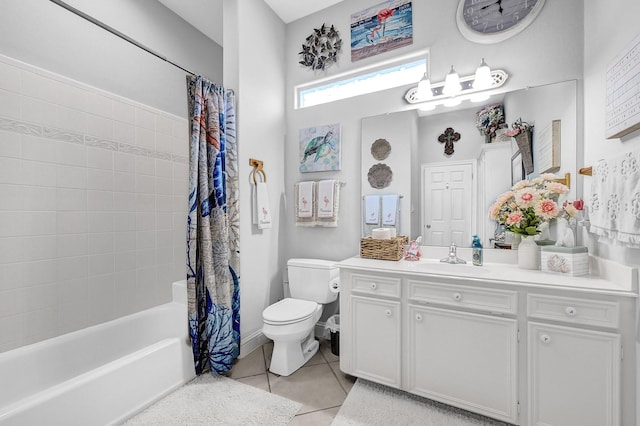 full bath featuring vanity, tile patterned floors, toilet, and shower / bathtub combination with curtain