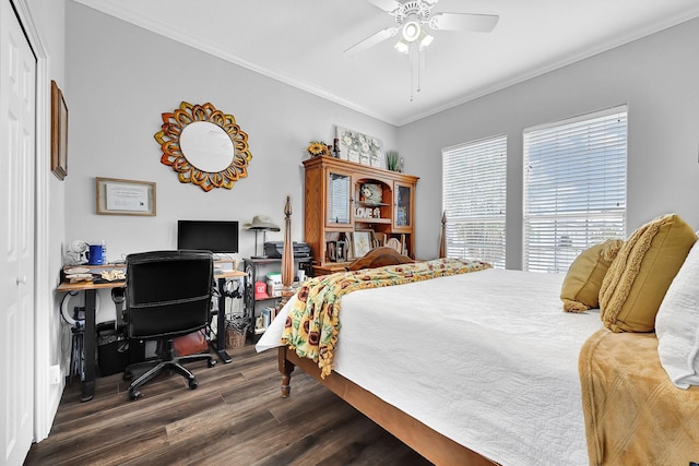 bedroom with a ceiling fan, dark wood finished floors, and crown molding