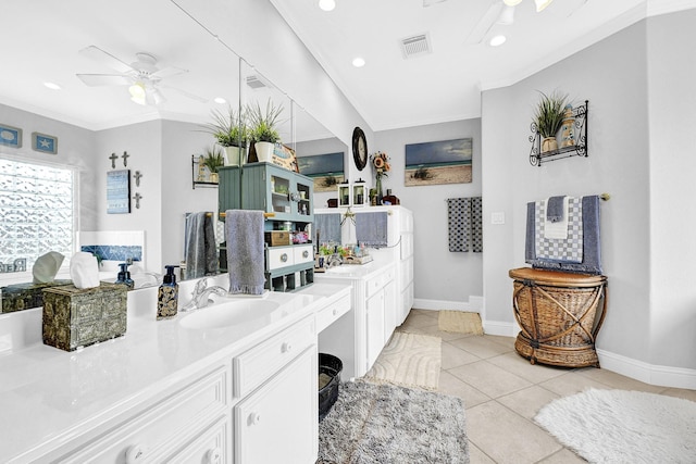 bathroom featuring visible vents, vanity, a ceiling fan, and tile patterned flooring