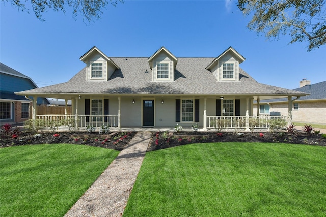 view of front of home with a porch, a front yard, and a shingled roof