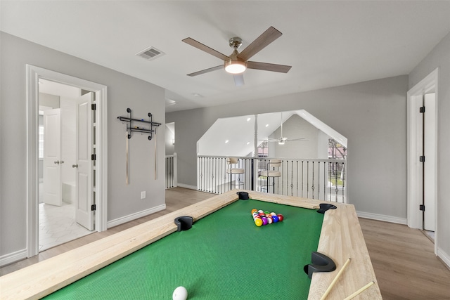 game room featuring wood finished floors, baseboards, visible vents, ceiling fan, and pool table