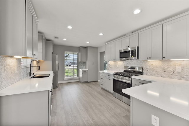 kitchen featuring light wood-type flooring, a sink, backsplash, appliances with stainless steel finishes, and light countertops