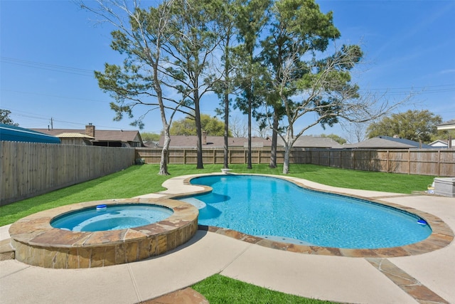 view of pool with a fenced in pool, a lawn, a fenced backyard, a patio area, and an in ground hot tub