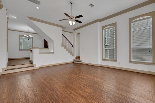 unfurnished living room with stairway, crown molding, and visible vents