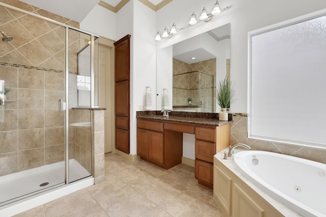 full bathroom with a jetted tub, tile patterned flooring, crown molding, a shower stall, and vanity