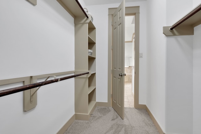 spacious closet featuring light colored carpet