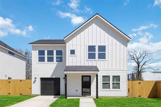 modern farmhouse style home featuring fence, roof with shingles, board and batten siding, concrete driveway, and a garage