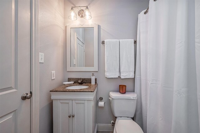 full bathroom featuring toilet, vanity, and a shower with curtain