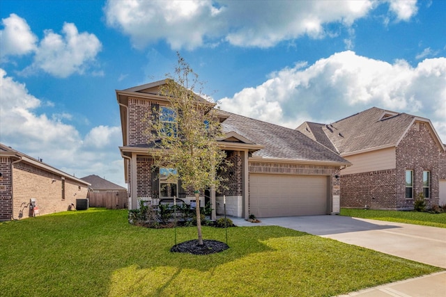 traditional home featuring fence, driveway, an attached garage, a front lawn, and brick siding