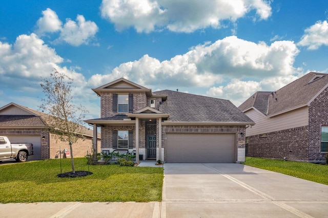 view of front facade with a front lawn, an attached garage, brick siding, and concrete driveway