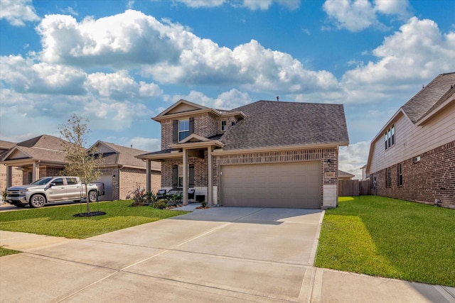 traditional home featuring a garage, brick siding, concrete driveway, and a front yard