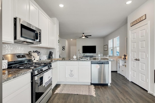 kitchen featuring open floor plan, appliances with stainless steel finishes, a peninsula, white cabinets, and a sink