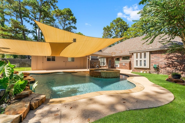 view of pool featuring a patio area, a pool with connected hot tub, and fence