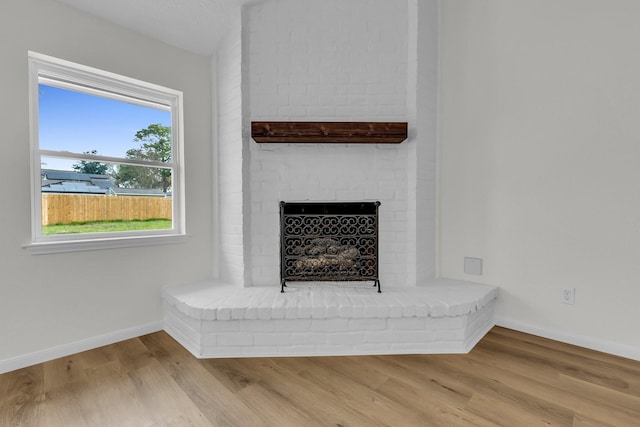 room details with baseboards, wood finished floors, and a fireplace