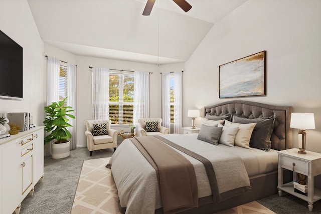 bedroom featuring light colored carpet, a ceiling fan, and lofted ceiling