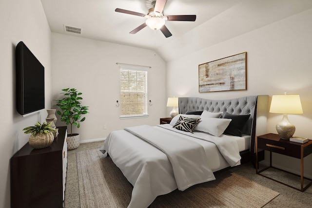 bedroom with a ceiling fan, baseboards, visible vents, carpet floors, and lofted ceiling