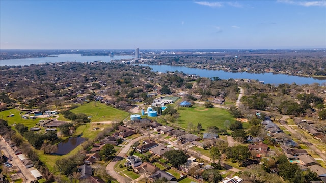 aerial view featuring a residential view and a water view