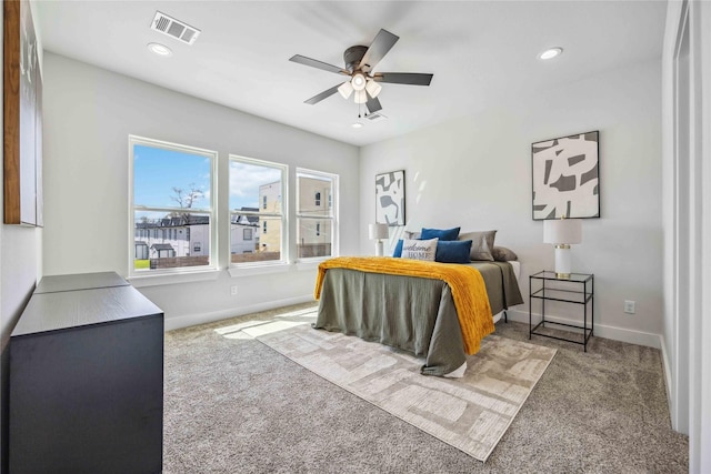 4715 Ward St, Houston, TX 77021 - bedroom featuring carpet, baseboards, recessed lighting, and a ceiling fan