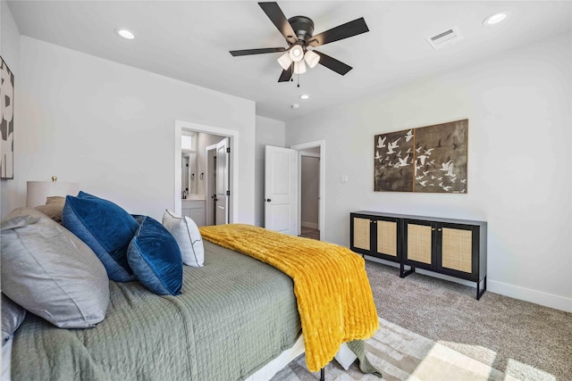 4715 Ward St, Houston, TX 77021 - bedroom featuring recessed lighting, baseboards, carpet floors, ensuite bathroom, and ceiling fan