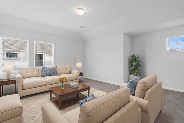 352 Spruce Oak Ln, Waller, TX 77484 - carpeted living area featuring baseboards and lofted ceiling