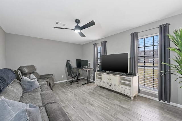 office featuring light wood finished floors, visible vents, a wealth of natural light, and ceiling fan