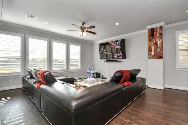 living area with visible vents, crown molding, baseboards, ceiling fan, and dark wood finished floors