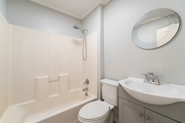 bathroom featuring vanity, crown molding, toilet, and tub / shower combination
