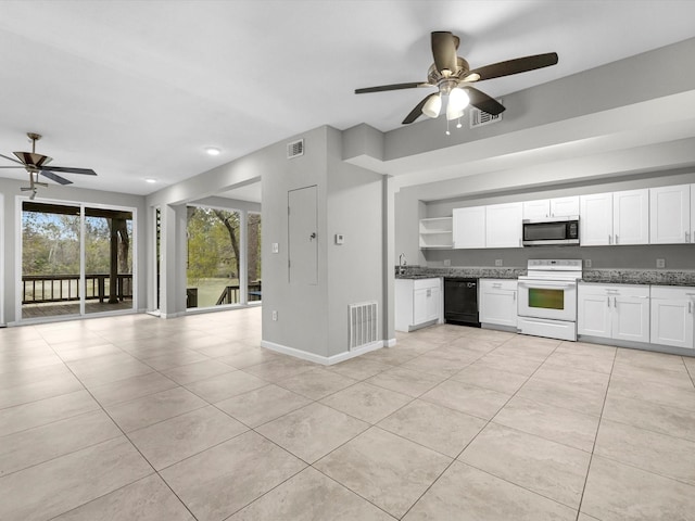 kitchen with a ceiling fan, stainless steel microwave, black dishwasher, and white electric range oven