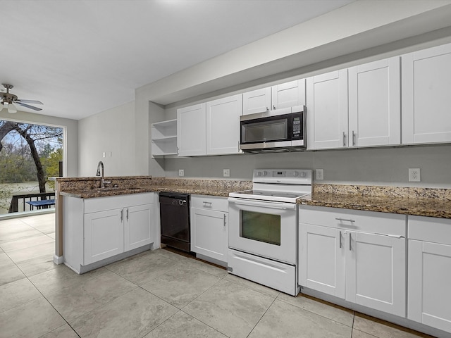 kitchen with white range with electric cooktop, open shelves, stainless steel microwave, a peninsula, and dishwasher