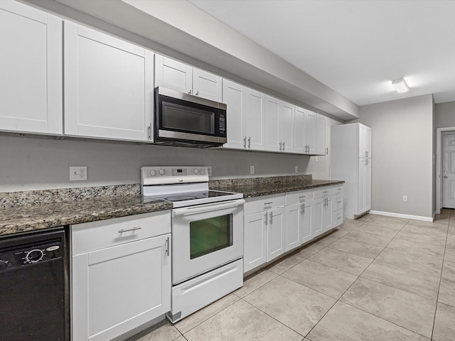 kitchen with stainless steel microwave, black dishwasher, white cabinetry, white electric stove, and dark stone counters