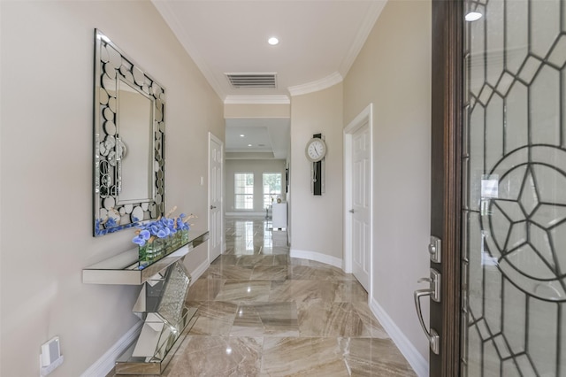 entryway with visible vents, crown molding, baseboards, recessed lighting, and marble finish floor