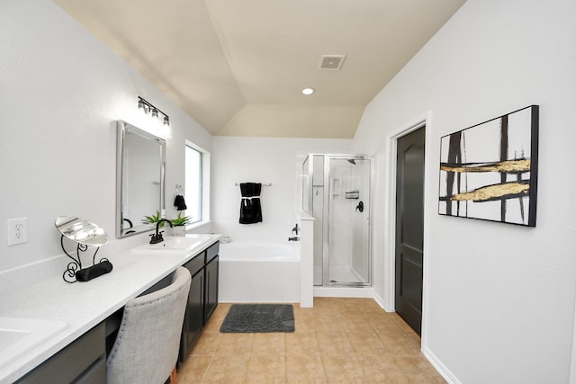 full bath featuring visible vents, a garden tub, a stall shower, vanity, and vaulted ceiling