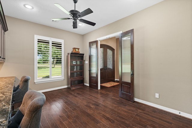 unfurnished room with a ceiling fan, recessed lighting, french doors, baseboards, and dark wood-style flooring