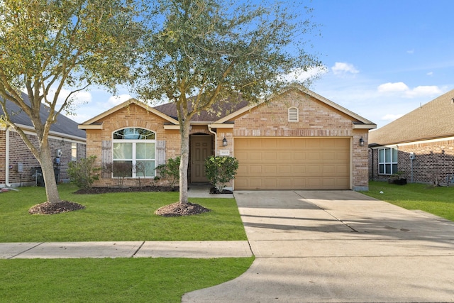 ranch-style house with brick siding, concrete driveway, a garage, and a front yard