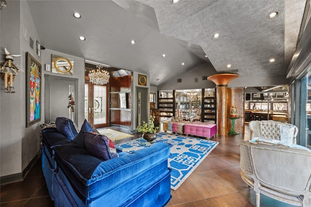 living room with recessed lighting, lofted ceiling, a notable chandelier, and tile patterned flooring